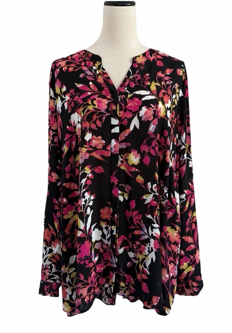 Simply Emma Floral Blouse Womens 3X Black Pink Button Front Roll Tab Sleeve Work